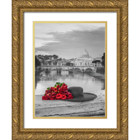 Hat and bunch of roses on bridge with Basilica di San Pietro in Vatican, Rome, Italy Gold Ornate Wood Framed Art Print with Double Matting by Frank, Assaf