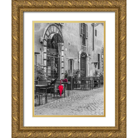 Red umbrella with female hat and bunch of roses on cafe table, Rome, Italy Gold Ornate Wood Framed Art Print with Double Matting by Frank, Assaf