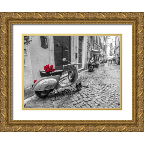 Old scooter with bunch of roses on narrow street of Rome Gold Ornate Wood Framed Art Print with Double Matting by Frank, Assaf