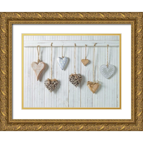 Hearts hanging on wooden background Gold Ornate Wood Framed Art Print with Double Matting by Frank, Assaf