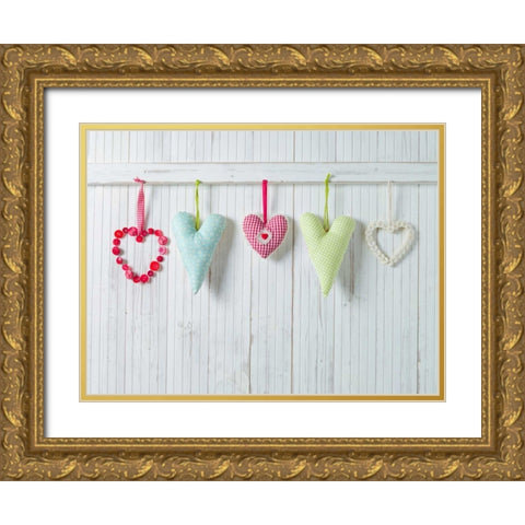 Hearts hanging on wooden background Gold Ornate Wood Framed Art Print with Double Matting by Frank, Assaf