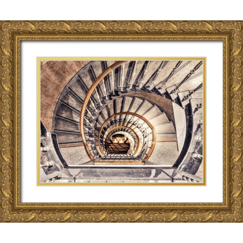 Spiral staircase from above in a building-Birmingham-UK Gold Ornate Wood Framed Art Print with Double Matting by Frank, Assaf