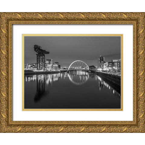 View along the river Clyde at night, Glasgow, FTBR-1806 Gold Ornate Wood Framed Art Print with Double Matting by Frank, Assaf