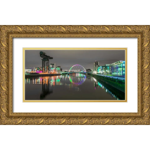 View along the river Clyde at night, Glasgow Gold Ornate Wood Framed Art Print with Double Matting by Frank, Assaf
