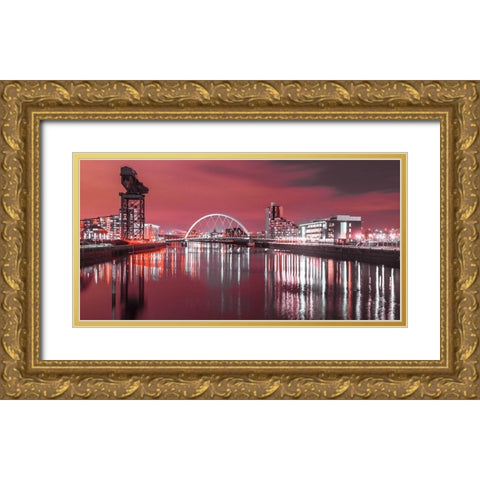View along the river Clyde at night, Glasgow, FTBR-1902 Gold Ornate Wood Framed Art Print with Double Matting by Frank, Assaf