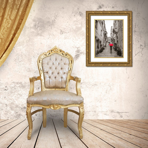 Tourist with umbrella in steps through houses in Birgu, Malta Gold Ornate Wood Framed Art Print with Double Matting by Frank, Assaf