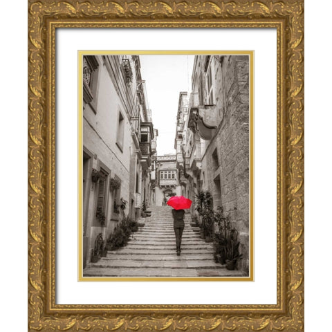 Tourist with umbrella in steps through houses in Birgu, Malta Gold Ornate Wood Framed Art Print with Double Matting by Frank, Assaf