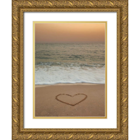 Sand writing - Heart shape drawn on beach Gold Ornate Wood Framed Art Print with Double Matting by Frank, Assaf