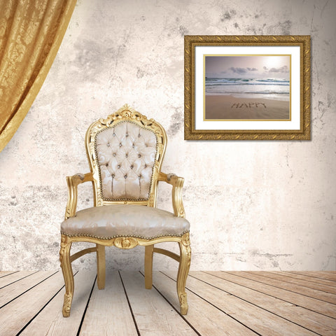 Sand writing - Word Happy written on beach Gold Ornate Wood Framed Art Print with Double Matting by Frank, Assaf