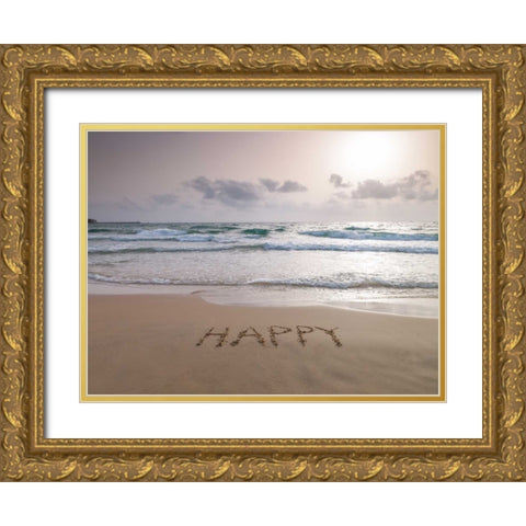 Sand writing - Word Happy written on beach Gold Ornate Wood Framed Art Print with Double Matting by Frank, Assaf