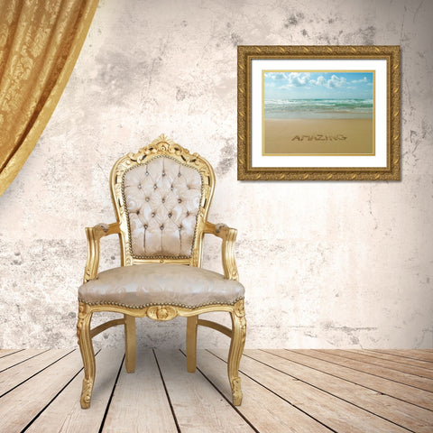 Word Amazing written in sand on the beach Gold Ornate Wood Framed Art Print with Double Matting by Frank, Assaf