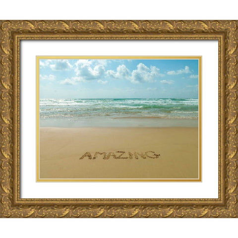Word Amazing written in sand on the beach Gold Ornate Wood Framed Art Print with Double Matting by Frank, Assaf