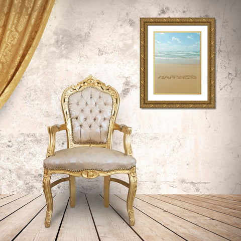 Word Happiness written in sand on the beach Gold Ornate Wood Framed Art Print with Double Matting by Frank, Assaf