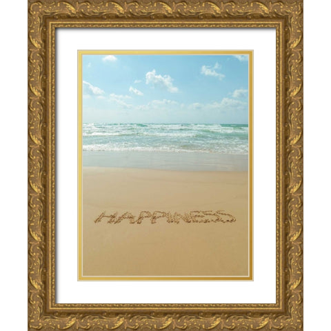 Word Happiness written in sand on the beach Gold Ornate Wood Framed Art Print with Double Matting by Frank, Assaf
