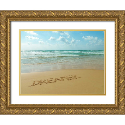 Word Dreamer written in sand on the beach Gold Ornate Wood Framed Art Print with Double Matting by Frank, Assaf