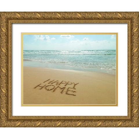 Happy Home written in sand on the beach Gold Ornate Wood Framed Art Print with Double Matting by Frank, Assaf