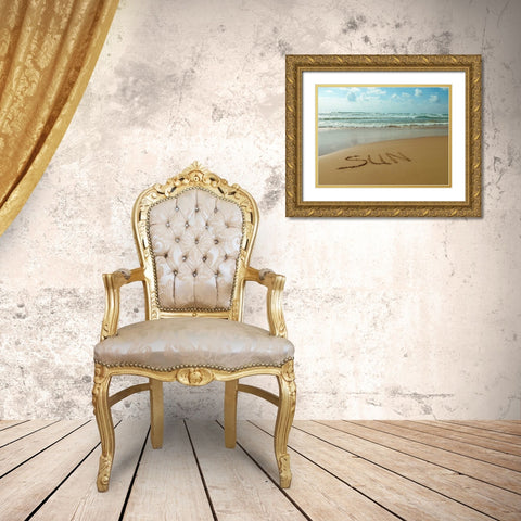 Word Sun written in sand on the beach Gold Ornate Wood Framed Art Print with Double Matting by Frank, Assaf