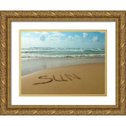 Word Sun written in sand on the beach Gold Ornate Wood Framed Art Print with Double Matting by Frank, Assaf