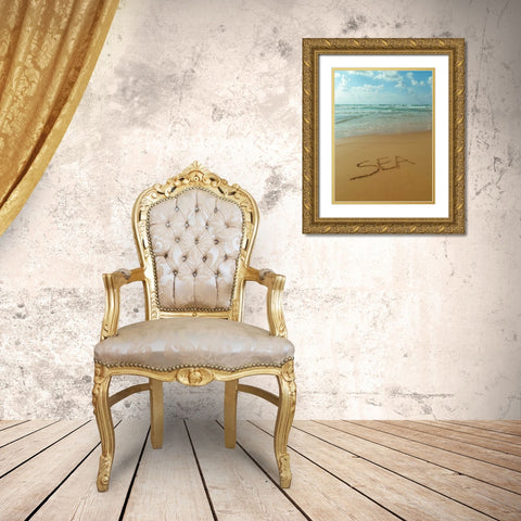 Word Sea written in sand on the beach Gold Ornate Wood Framed Art Print with Double Matting by Frank, Assaf