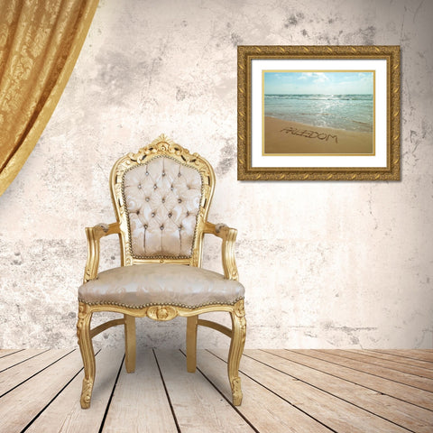 Word Freedom written in sand on the beach Gold Ornate Wood Framed Art Print with Double Matting by Frank, Assaf