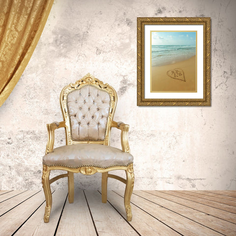 Couple in heart drawn on sand at the beach Gold Ornate Wood Framed Art Print with Double Matting by Frank, Assaf