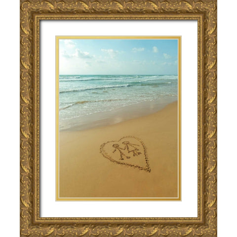 Couple in heart drawn on sand at the beach Gold Ornate Wood Framed Art Print with Double Matting by Frank, Assaf