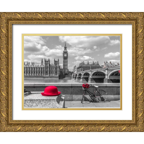 Red hat and bicycle on Thames promenade, London, UK Gold Ornate Wood Framed Art Print with Double Matting by Frank, Assaf