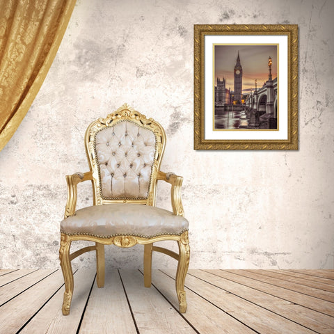 Westminster bridge and Big Ben from Thames promenade, London, UK, FTBR-1826 Gold Ornate Wood Framed Art Print with Double Matting by Frank, Assaf