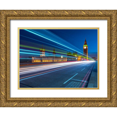 Westminster Abby and Big Ben with strip lights, London, UK Gold Ornate Wood Framed Art Print with Double Matting by Frank, Assaf
