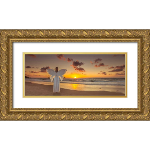Angel on the beach at sunset Gold Ornate Wood Framed Art Print with Double Matting by Frank, Assaf