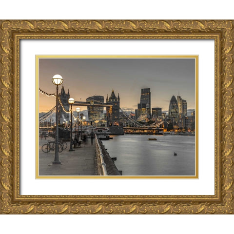 London Riverside Promenade with Tower bridge Gold Ornate Wood Framed Art Print with Double Matting by Frank, Assaf