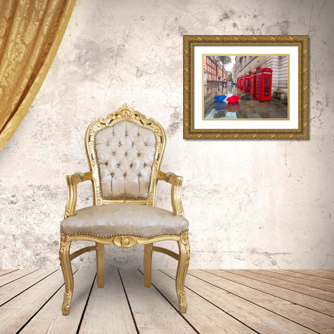 Telephone boxes with umbrellas Gold Ornate Wood Framed Art Print with Double Matting by Frank, Assaf