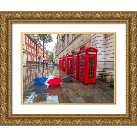 Telephone boxes with umbrellas Gold Ornate Wood Framed Art Print with Double Matting by Frank, Assaf