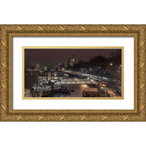 Evening view of London city, FTBR-1831 Gold Ornate Wood Framed Art Print with Double Matting by Frank, Assaf
