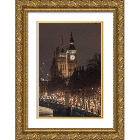 Evening view of Big Ben, London, UK, FTBR-1832 Gold Ornate Wood Framed Art Print with Double Matting by Frank, Assaf