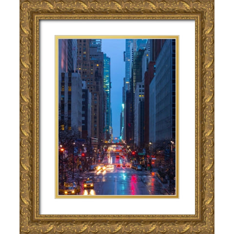 Evening view of streets of Manhattan, New York City Gold Ornate Wood Framed Art Print with Double Matting by Frank, Assaf