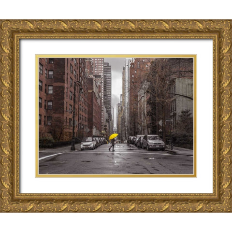 Tourist with yellow umbrella on street of Manhattan, New York Gold Ornate Wood Framed Art Print with Double Matting by Frank, Assaf