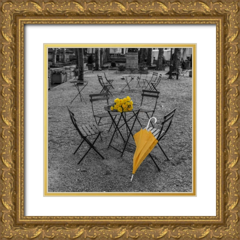 Bunch of roses and umbrella on table and chair at the park, New York Gold Ornate Wood Framed Art Print with Double Matting by Frank, Assaf