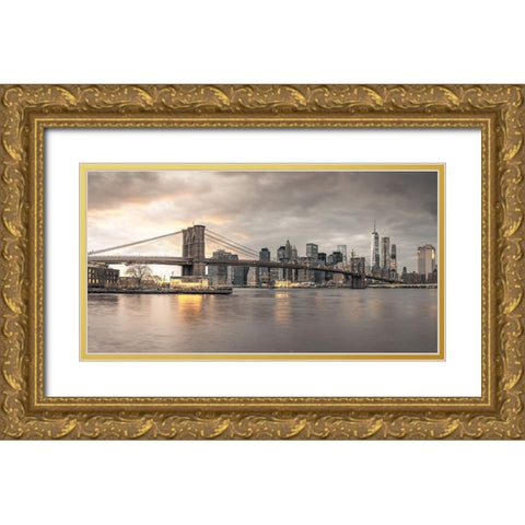 Brooklyn Bridge-New York Gold Ornate Wood Framed Art Print with Double Matting by Frank, Assaf