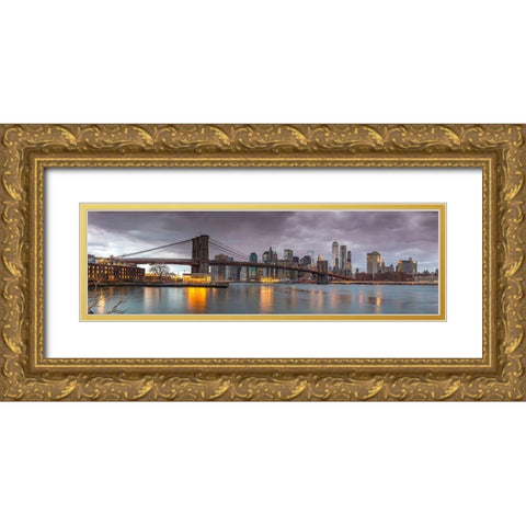 Brooklyn Bridge and Manhattan skyline, New York, FTBR-1835 Gold Ornate Wood Framed Art Print with Double Matting by Frank, Assaf