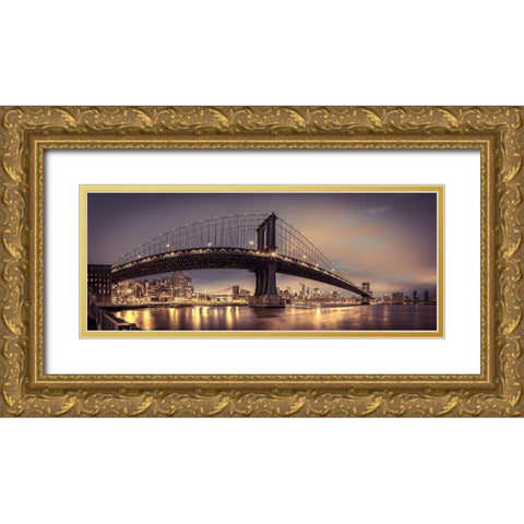 Manhattan bridge and New York city skyline, FTBR-1836 Gold Ornate Wood Framed Art Print with Double Matting by Frank, Assaf