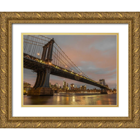 Manhattan bridge and New York city skyline Gold Ornate Wood Framed Art Print with Double Matting by Frank, Assaf