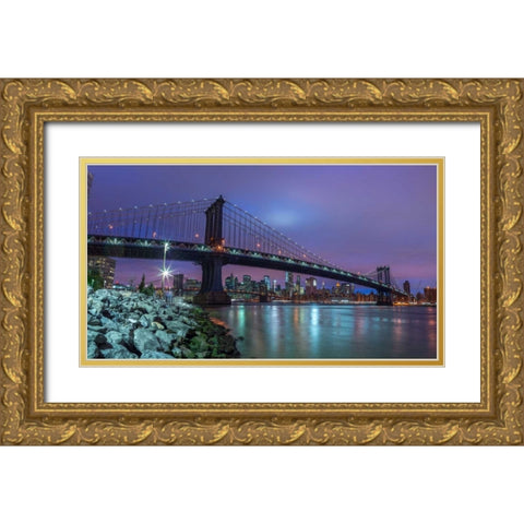 Manhattan bridge and New York city skyline, FTBR-1837 Gold Ornate Wood Framed Art Print with Double Matting by Frank, Assaf