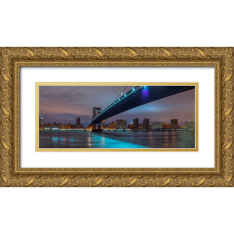 Manhattan bridge and New York city skyline Gold Ornate Wood Framed Art Print with Double Matting by Frank, Assaf