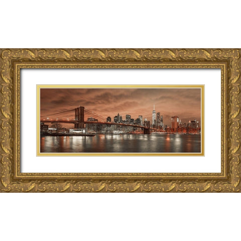 Brooklyn Bridge and Manhattan Gold Ornate Wood Framed Art Print with Double Matting by Frank, Assaf