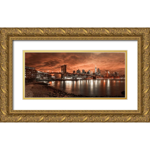 Brooklyn Bridge and Manhattan skyline, New York Gold Ornate Wood Framed Art Print with Double Matting by Frank, Assaf