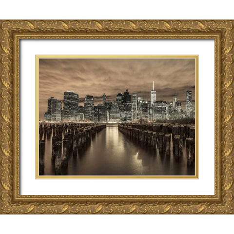 Manhattan skyline with rows of groynes in foreground, New York Gold Ornate Wood Framed Art Print with Double Matting by Frank, Assaf