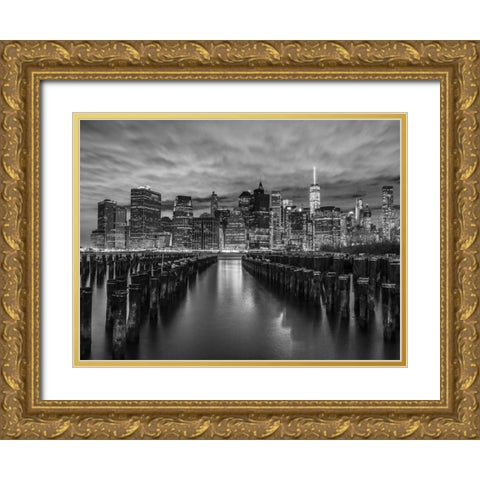 Manhattan skyline with rows of groynes in foreground, New York Gold Ornate Wood Framed Art Print with Double Matting by Frank, Assaf