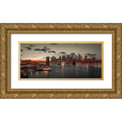 Evening view of Lower Manhattan sky-skyline with Brooklyn bridge over East river, New York, FTBR-190 Gold Ornate Wood Framed Art Print with Double Matting by Frank, Assaf