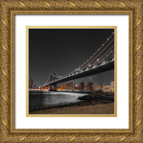 Manhattan bridge and Lower Manhattan skyline, New York, FTBR-1838 Gold Ornate Wood Framed Art Print with Double Matting by Frank, Assaf